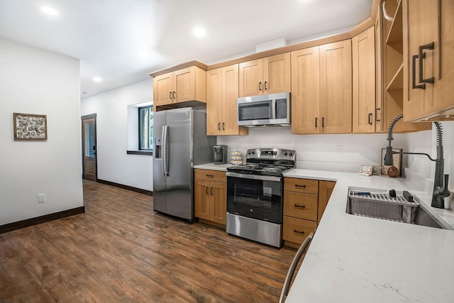 77 Rumsey Rd, Philipsburg, MT 59858 - kitchen featuring stainless steel appliances, a sink, dark wood-type flooring, recessed lighting, and light brown cabinets