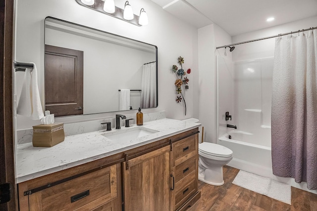 77 Rumsey Rd, Philipsburg, MT 59858 - bathroom with vanity, toilet, wood finished floors, shower / bath combination with curtain, and recessed lighting