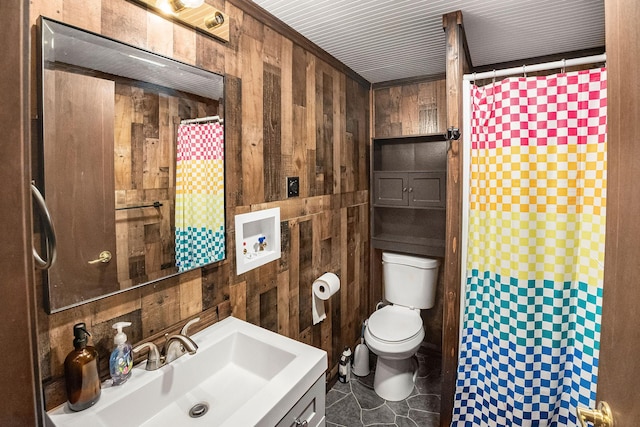 77 Rumsey Rd, Philipsburg, MT 59858 - full bathroom with wooden walls, toilet, vanity, and a shower with curtain