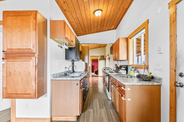 2571 Airport Rd, Eureka, MT 59917 - kitchen featuring electric range, wooden ceiling, dark wood-type flooring, vaulted ceiling, and light stone counters