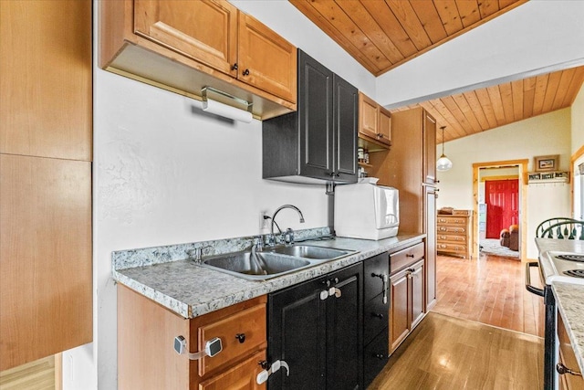 2571 Airport Rd, Eureka, MT 59917 - kitchen with wooden ceiling, range with gas cooktop, light wood finished floors, light countertops, and lofted ceiling