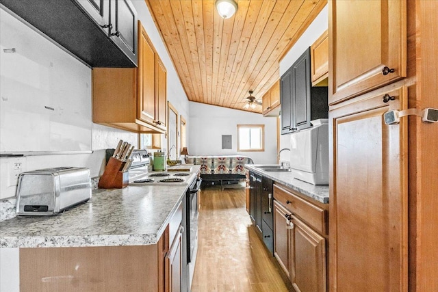 2571 Airport Rd, Eureka, MT 59917 - kitchen featuring white electric range, wood ceiling, light wood finished floors, a ceiling fan, and brown cabinets