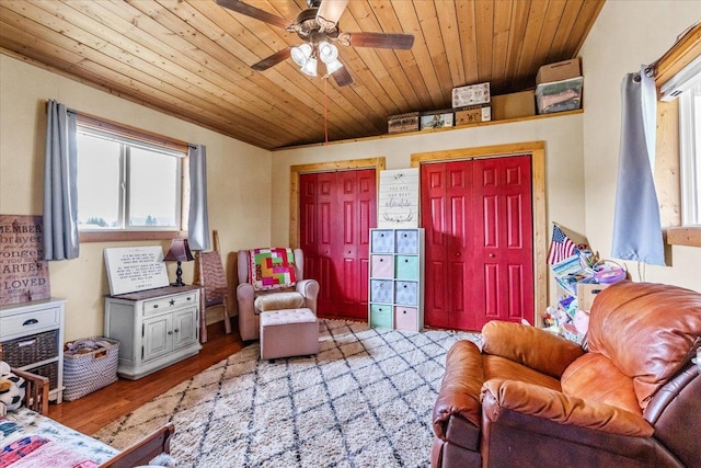 2571 Airport Rd, Eureka, MT 59917 - living area featuring a ceiling fan, wooden ceiling, and wood finished floors