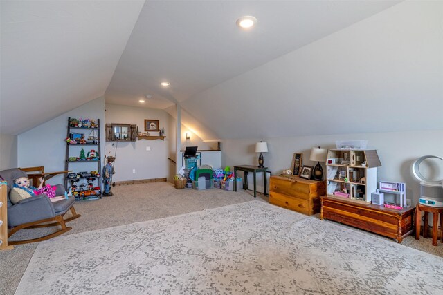 2320 Kenai Rd, Helena, MT 59602 - rec room featuring carpet flooring, lofted ceiling, and baseboards