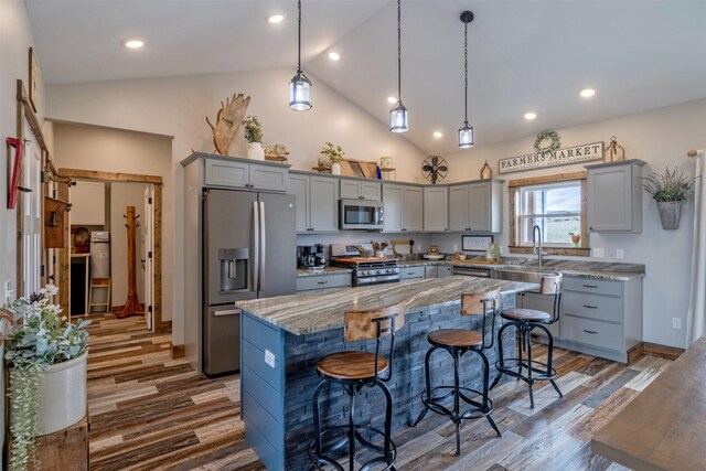 2320 Kenai Rd, Helena, MT 59602 - kitchen featuring appliances with stainless steel finishes, gray cabinetry, a sink, wood finished floors, and recessed lighting