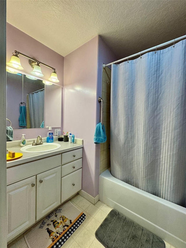 172 Garden Rd, Libby, MT 59923 - bathroom with vanity, shower / tub combo, a textured ceiling, and tile patterned flooring