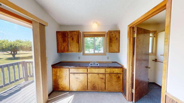 906 11th St E, Polson, MT 59860 - kitchen with dark countertops, brown cabinets, a textured ceiling, a sink, and light colored carpet