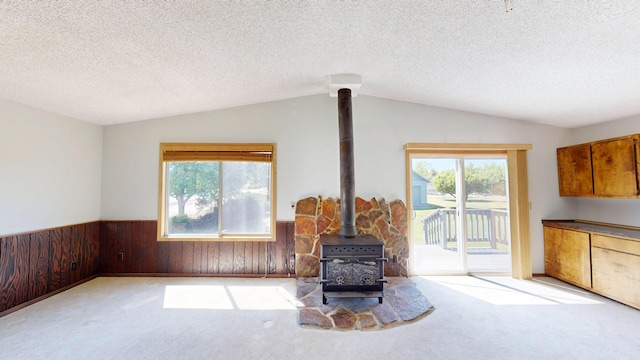 906 11th St E, Polson, MT 59860 - sitting room with lofted ceiling, a wood stove, a wainscoted wall, a textured ceiling, and carpet