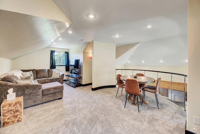 162 Jackson Creek Rd, Montana City, MT 59634 - living room featuring carpet, vaulted ceiling, and recessed lighting