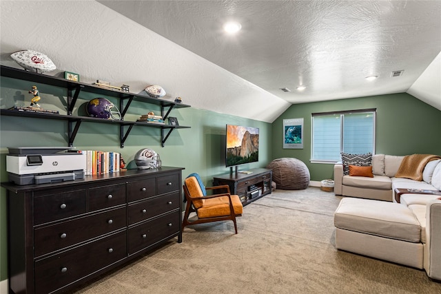 380 Stonybrook Dr, Missoula, MT 59804 - living room featuring light carpet, lofted ceiling, and a textured ceiling