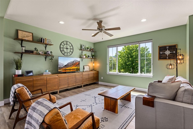 380 Stonybrook Dr, Missoula, MT 59804 - living room featuring ceiling fan, baseboards, wood finished floors, and recessed lighting