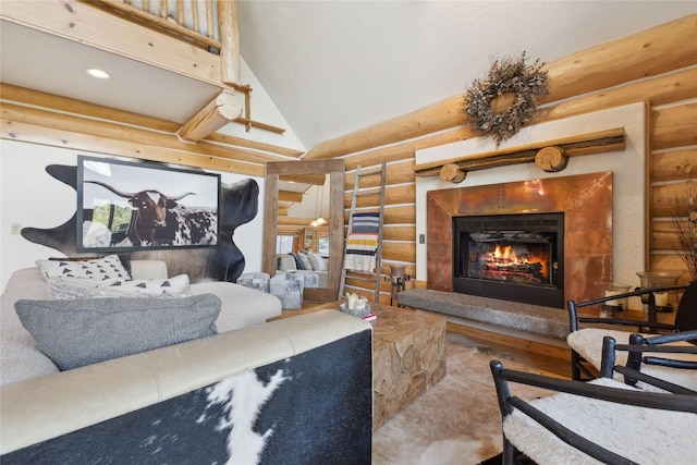 970 Colorado Ave, Whitefish, MT 59937 - living room with rustic walls, a fireplace, a towering ceiling, and recessed lighting