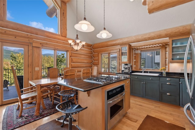 970 Colorado Ave, Whitefish, MT 59937 - kitchen with appliances with stainless steel finishes, rustic walls, a sink, high vaulted ceiling, and light wood-style flooring
