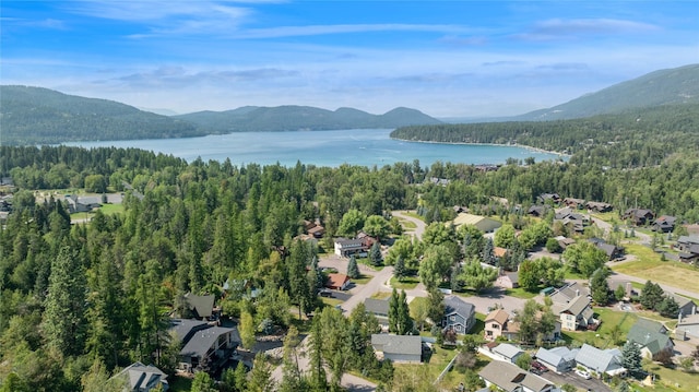 970 Colorado Ave, Whitefish, MT 59937 - aerial view of property and surrounding area featuring a water and mountain view, a heavily wooded area, and nearby suburban area