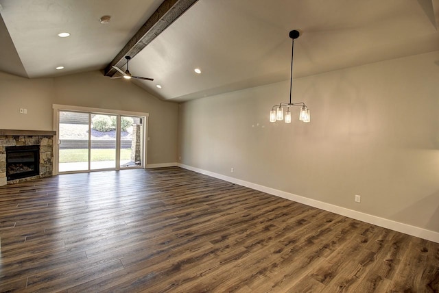 178 Meadow Vista Loop Unit A, Kalispell, MT 59901 - unfurnished living room with a ceiling fan, dark wood-style flooring, a stone fireplace, baseboards, and recessed lighting
