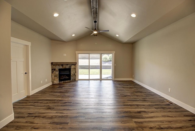 178 Meadow Vista Loop Unit A, Kalispell, MT 59901 - unfurnished living room featuring a ceiling fan, dark wood finished floors, a fireplace, recessed lighting, and baseboards