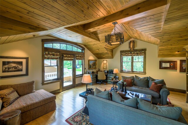 33702 N Finley Point Rd, Polson, MT 59860 - living area featuring plenty of natural light, wooden ceiling, vaulted ceiling, and wood finished floors