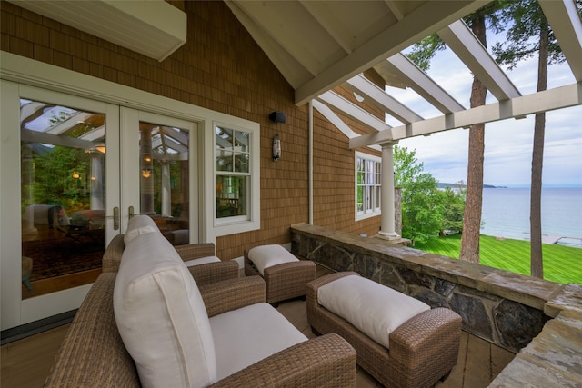 33702 N Finley Point Rd, Polson, MT 59860 - view of patio / terrace featuring a water view and a pergola
