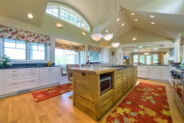 33702 N Finley Point Rd, Polson, MT 59860 - kitchen featuring a sink, light wood finished floors, white cabinets, recessed lighting, and appliances with stainless steel finishes