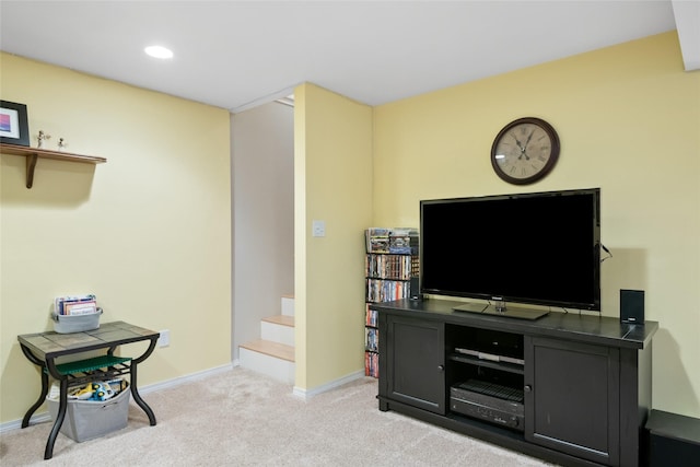 409 Bentley Park Loop, Missoula, MT 59801 - living area featuring light carpet, stairway, and recessed lighting