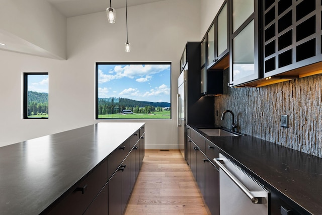 165 River Ranch Rd, Whitefish, MT 59937 - kitchen with stainless steel appliances, light wood finished floors, a sink, tasteful backsplash, and hanging light fixtures