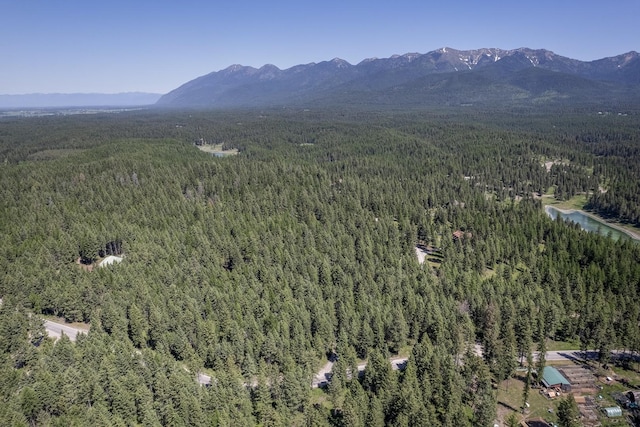 785 La Brant Rd, Bigfork, MT 59911 - aerial view of property and surrounding area with a heavily wooded area and a mountain backdrop