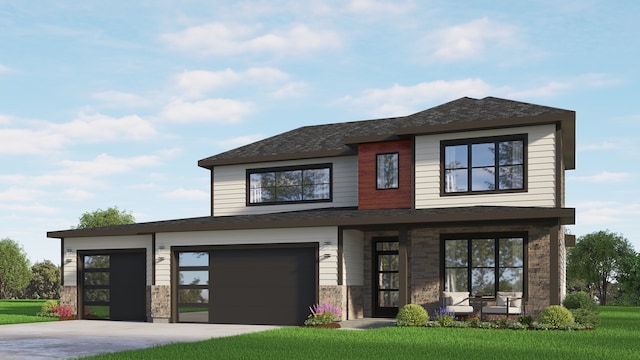 160 Antler Peak Ln, Kalispell, MT 59901 - contemporary home with driveway, an attached garage, a front yard, a porch, and a shingled roof
