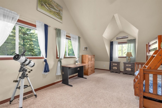 115 Wagon Wheel Rd, Whitefish, MT 59937 - carpeted bedroom featuring lofted ceiling and baseboards