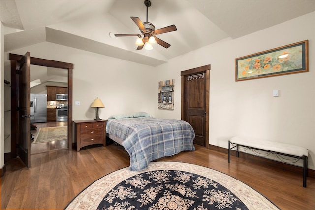 115 Wagon Wheel Rd, Whitefish, MT 59937 - bedroom featuring stainless steel fridge, vaulted ceiling, dark wood finished floors, and a ceiling fan
