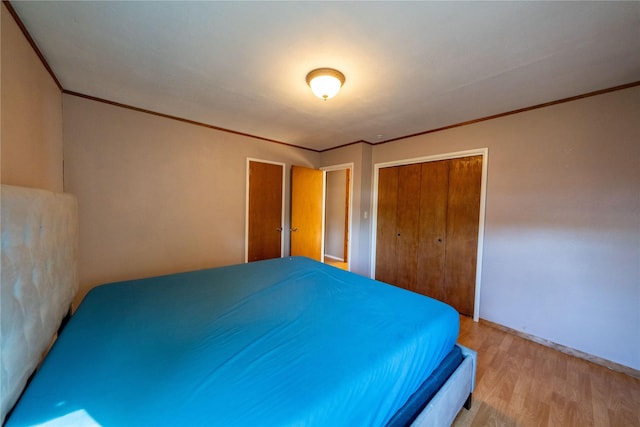 411 Colorado Ave, Libby, MT 59923 - bedroom featuring ornamental molding, light wood-style flooring, a closet, and baseboards
