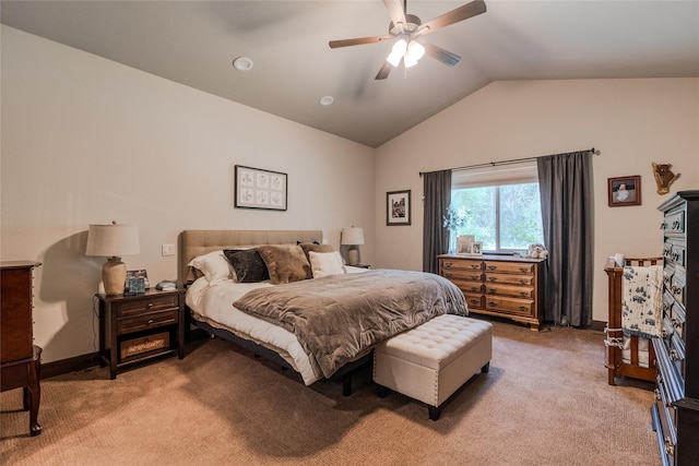 224 Forest Edge Trl, Kalispell, MT 59901 - bedroom featuring lofted ceiling, light carpet, and ceiling fan