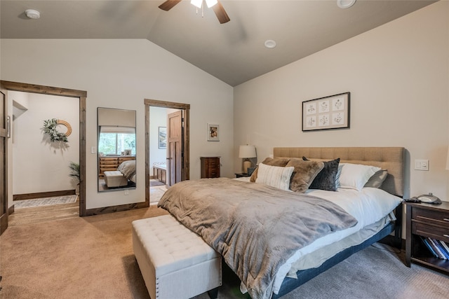224 Forest Edge Trl, Kalispell, MT 59901 - bedroom with vaulted ceiling, light carpet, and a ceiling fan