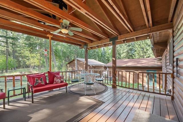 176 Blaine Ridge Rd, Kalispell, MT 59901 - wooden deck featuring a storage shed and ceiling fan