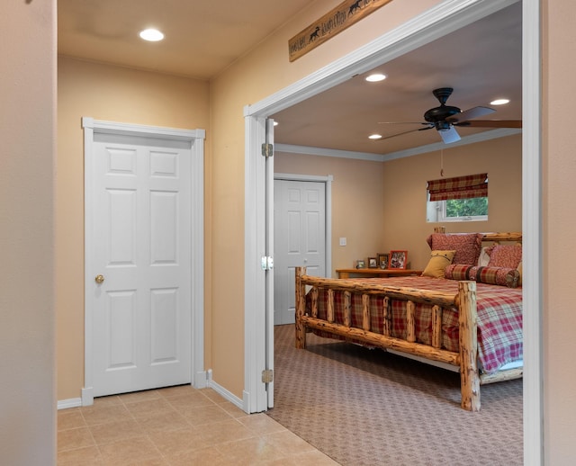 176 Blaine Ridge Rd, Kalispell, MT 59901 - bedroom with recessed lighting, light colored carpet, crown molding, and ceiling fan