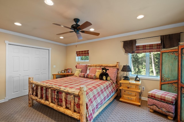 176 Blaine Ridge Rd, Kalispell, MT 59901 - carpeted bedroom featuring recessed lighting, crown molding, a closet, and ceiling fan