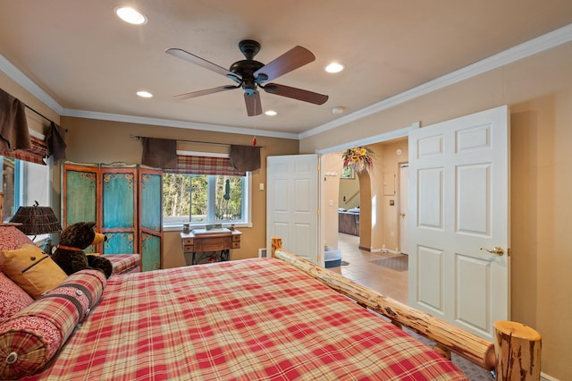 176 Blaine Ridge Rd, Kalispell, MT 59901 - bedroom with recessed lighting, crown molding, and ceiling fan