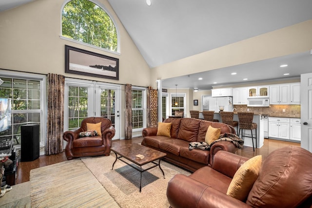3 Bearberry Ln, Whitefish, MT 59937 - living room featuring high vaulted ceiling, french doors, and recessed lighting