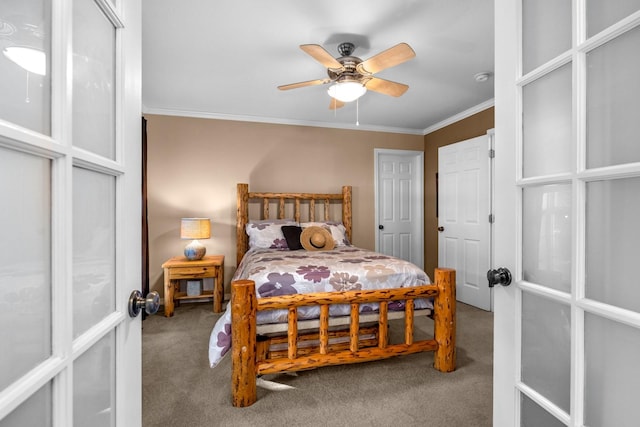 3 Bearberry Ln, Whitefish, MT 59937 - carpeted bedroom with crown molding, french doors, and a ceiling fan
