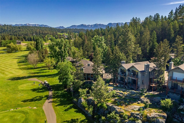 267 Eagle Bend Dr, Bigfork, MT 59911 - drone / aerial view of a heavily wooded area, a mountain backdrop, and a golf course