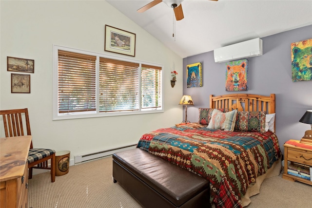 267 Eagle Bend Dr, Bigfork, MT 59911 - bedroom featuring carpet floors, a wall mounted AC, baseboard heating, vaulted ceiling, and ceiling fan