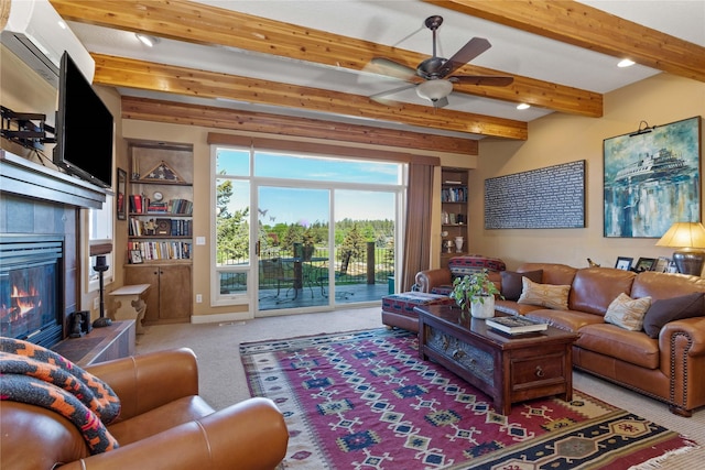 267 Eagle Bend Dr, Bigfork, MT 59911 - living area with carpet, beam ceiling, a ceiling fan, a tiled fireplace, and recessed lighting