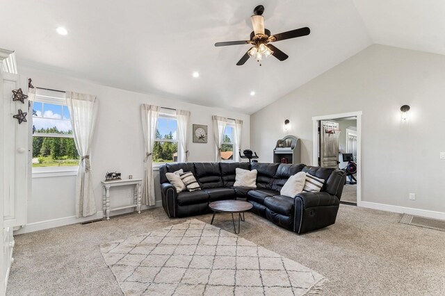 33 Shale Ct, Kalispell, MT 59901 - living area featuring lofted ceiling, light carpet, ceiling fan, healthy amount of natural light, and recessed lighting