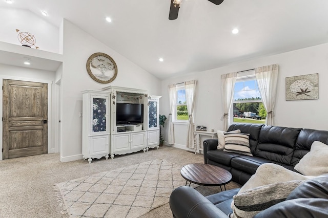 33 Shale Ct, Kalispell, MT 59901 - living room featuring light carpet, a ceiling fan, recessed lighting, and high vaulted ceiling