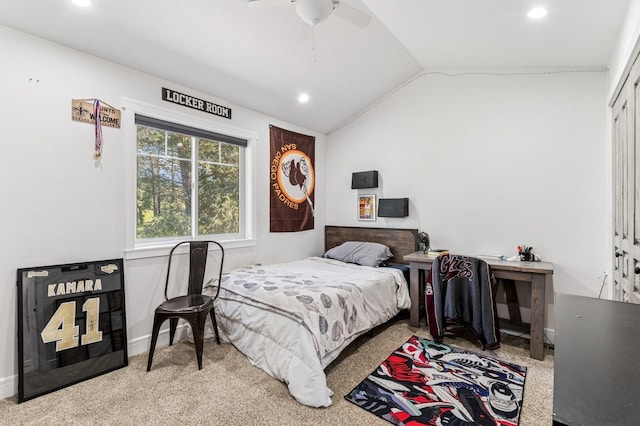 33 Shale Ct, Kalispell, MT 59901 - bedroom with lofted ceiling, carpet, recessed lighting, and a ceiling fan