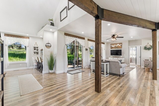 33 Shale Ct, Kalispell, MT 59901 - living area with light wood finished floors, recessed lighting, beamed ceiling, and ceiling fan