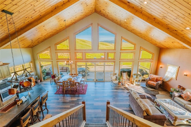 7 Papson Ridge Ln, Hall, MT 59837 - living room with wood finished floors, wooden ceiling, high vaulted ceiling, plenty of natural light, and recessed lighting