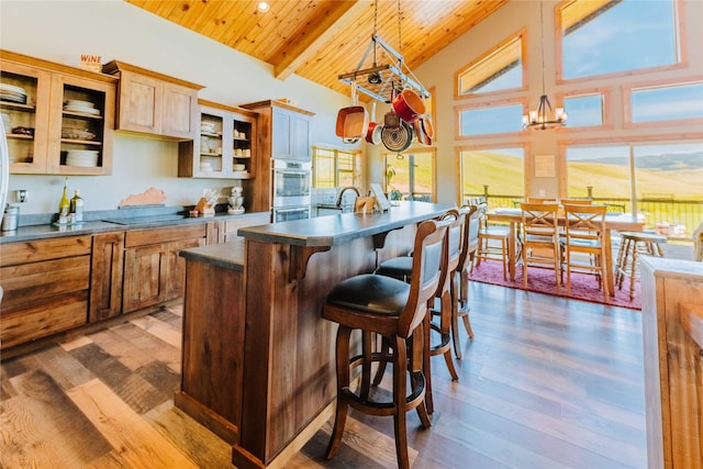 7 Papson Ridge Ln, Hall, MT 59837 - kitchen with stainless steel double oven, a wood ceiling with exposed beams, dark countertops, dark wood-style floors, and glass insert cabinets