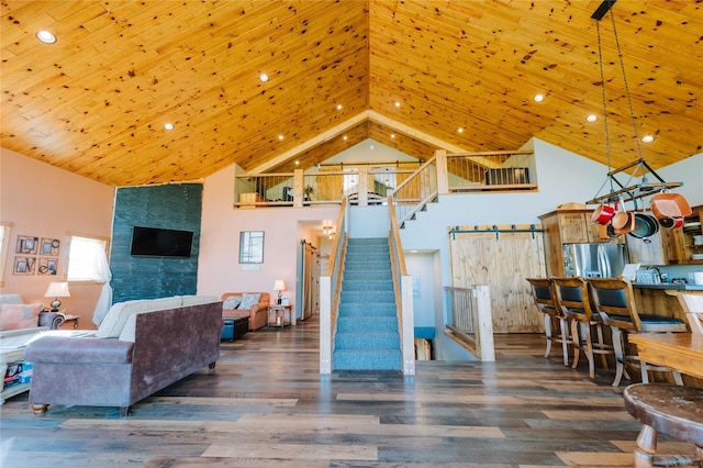 7 Papson Ridge Ln, Hall, MT 59837 - living room with stairs, high vaulted ceiling, wood finished floors, recessed lighting, and wood ceiling