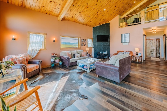 7 Papson Ridge Ln, Hall, MT 59837 - living area with high vaulted ceiling, a wood ceiling with exposed beams, wood finished floors, and recessed lighting