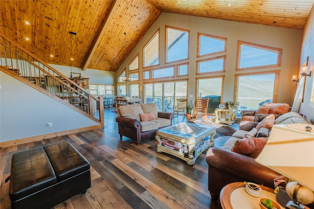 7 Papson Ridge Ln, Hall, MT 59837 - living area featuring high vaulted ceiling, stairway, wooden ceiling, and wood finished floors